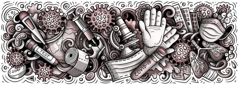 Coronavirus hand drawn cartoon doodles illustration. Colorful vector banner. Coronavirus hand drawn cartoon doodles illustration. Quarantine objects and elements stock illustration Coronavirus hand drawn cartoon doodles illustration. Colorful vector banner. Coronavirus hand drawn cartoon doodles illustration. Quarantine objects and elements stock illustration