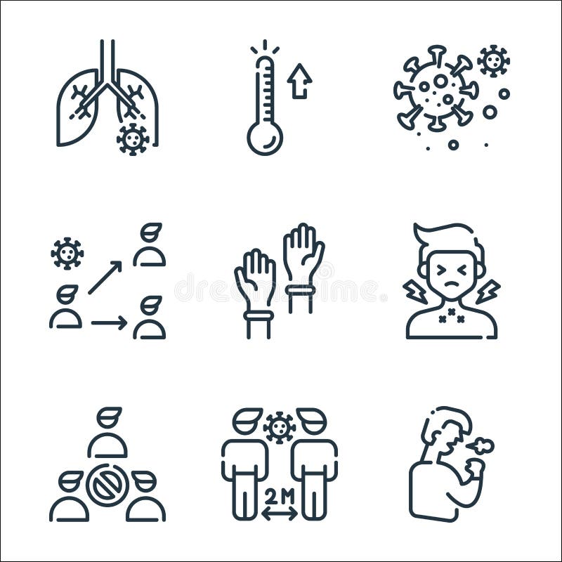 Coronavirus line icons. linear set. quality vector line set such as , keep distance, avoid, sore throat, rubber gloves, infection vector illustration