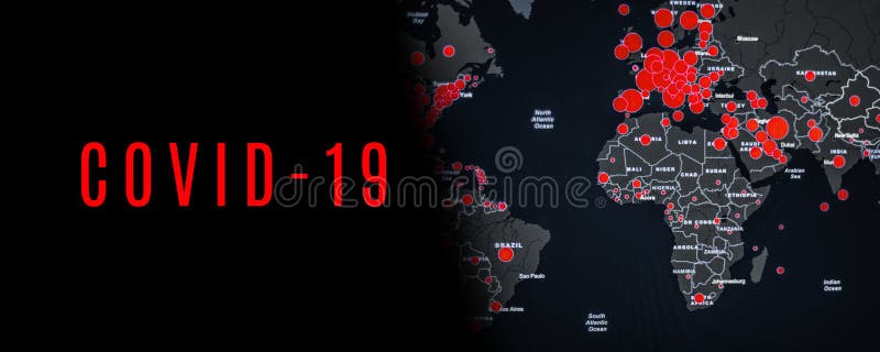 Coronavirus pandemic horizontal web banner with red dots peaks of the epidemic in countries on black global map.