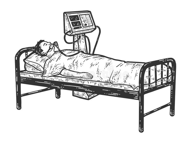 Coronavirus patient connected to ventilator. Sketch scratch board imitation. Black and white. Engraving vector illustration