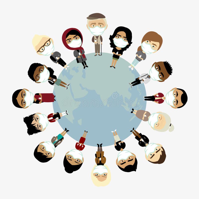 Standing people on the globe in Coronavirus shape. Population of the earth in medical face masks standing on the globe. Coronavirus shape. Vector illustration royalty free illustration Standing people on the globe in Coronavirus shape. Population of the earth in medical face masks standing on the globe. Coronavirus shape. Vector illustration royalty free illustration