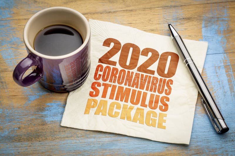 2020 coronavirus stimulus package word abstract on a napkin with a cup of coffee, relief bill during covid-19  pandemic and recession. 2020 coronavirus stimulus package word abstract on a napkin with a cup of coffee, relief bill during covid-19  pandemic and recession