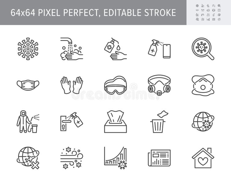 Coronavirus, virus prevention line icons. Vector illustration include icon - wash hands disinfection, face mask, sanitizer gloves outline pictogram for infographic. 64x64 Pixel Perfect Editable Stroke. Coronavirus, virus prevention line icons. Vector illustration include icon - wash hands disinfection, face mask, sanitizer gloves outline pictogram for infographic. 64x64 Pixel Perfect Editable Stroke