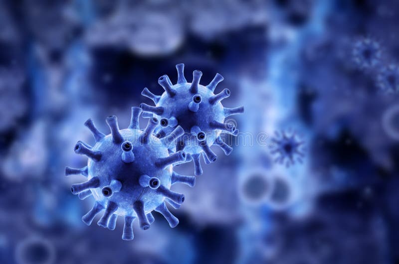 Coronavírus ou germes gripais no interior do vírus da corona sarscov2 das células, ao microscópio com fundo azul 3d renderização.