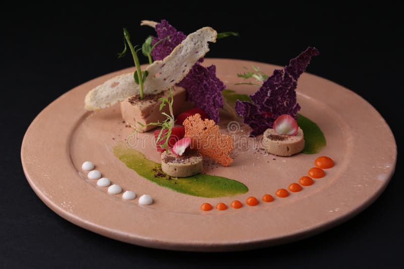 Coronilla con la salsa, la tostada, la jalea y el arugula en una placa, primer Fondo negro Cocina molecular imagenes de archivo