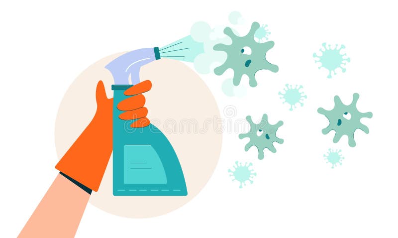 Coronovirus disinfection. Hand in red antibacterial glove green spray kills coronovirus. stock illustration Coronovirus disinfection. Hand in red antibacterial glove green spray kills coronovirus. stock illustration