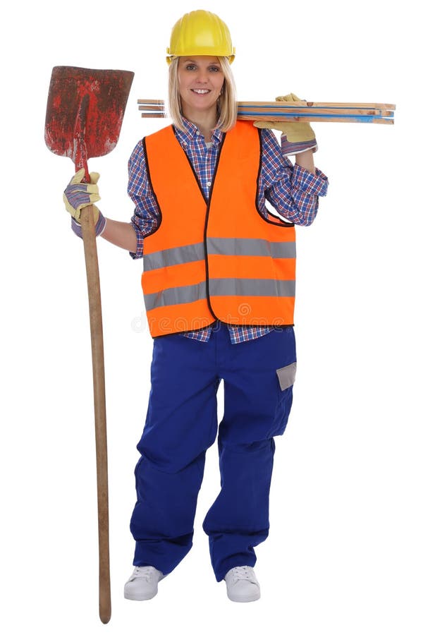 Corpo completo do trabalho fêmea novo da mulher do trabalhador da construção isolado foto de stock Corpo completo do trabalho fêmea novo da mulher do trabalhador da construção isolado foto de stock