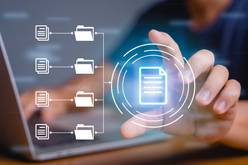 Corporate business technology. Document management system (DMS), online documentation database and process automation to stock images