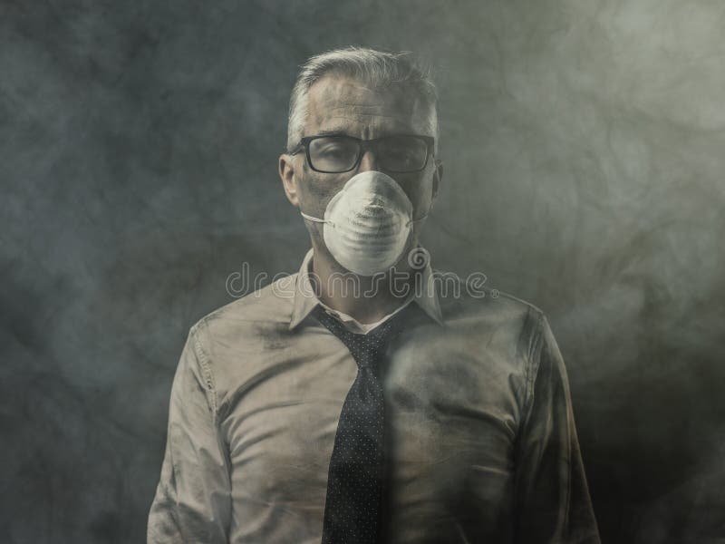 Businessman with mask and air pollution