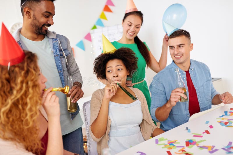 Happy Team Having Fun At Office Party Stock Image - Image of indoors ... Office Team Celebration