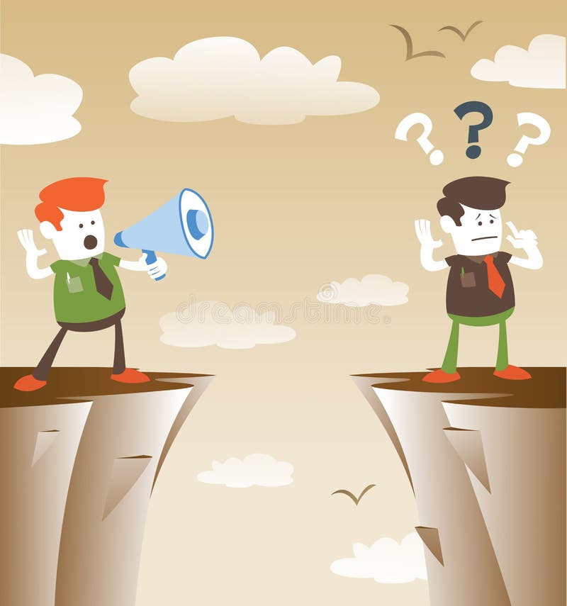 Great illustration of Retro styled Corporate Guy standing on the cliffs shouting at the top of his voice through a loudspeaker megaphone to his colleague who is trying to hear him. Great illustration of Retro styled Corporate Guy standing on the cliffs shouting at the top of his voice through a loudspeaker megaphone to his colleague who is trying to hear him.