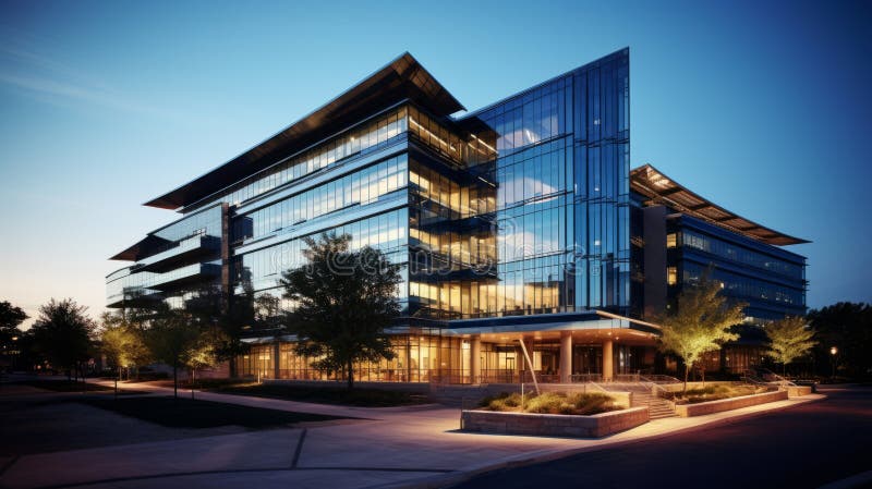 Illustration of a modern office building illuminated in the evening stock photos.