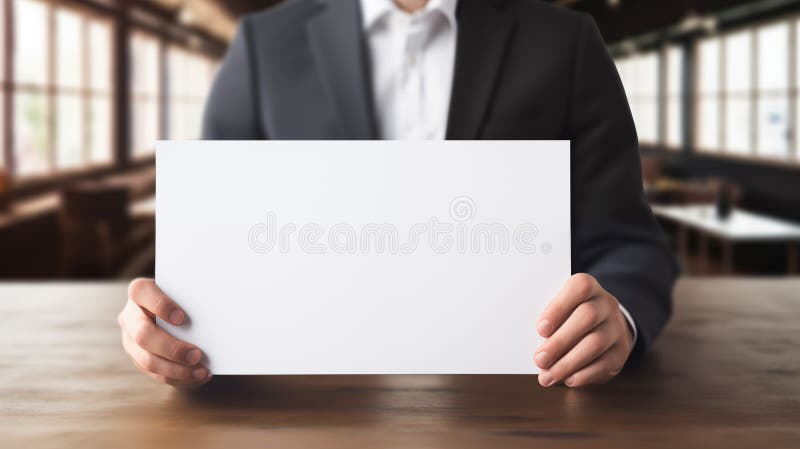 Corporate man in suit presents blank white paper mockup on desk in well-lit office, stock illustration.