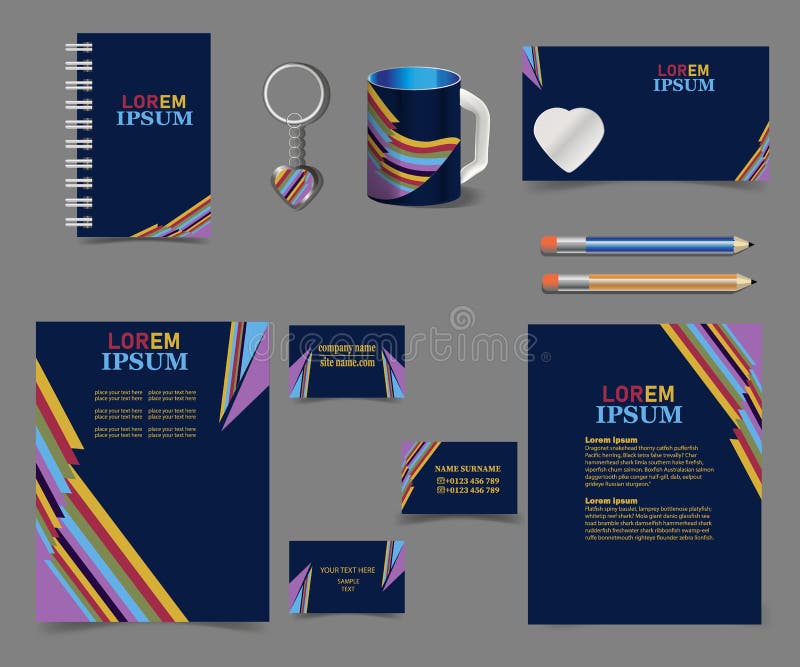 Corporate-style-pattern-design-on-dark-blue-rainbow-stripes.-Business-stationery-set stock illustration Corporate-style-pattern-design-on-dark-blue-rainbow-stripes.-Business-stationery-set stock illustration