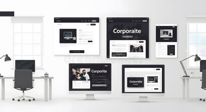Corporate Website Mockups on Desks in a Bright Office, Displaying Web Designs royalty free stock photography
