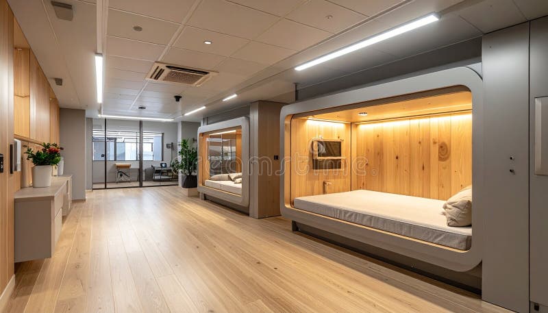 A glimpse into the future of work, where a sleek office corridor features integrated nap pods. This quiet, modern space is designed for employee wellness, offering a place to rest and recharge, boosting productivity and promoting a healthy work-life balance. Employee wellness illustrations