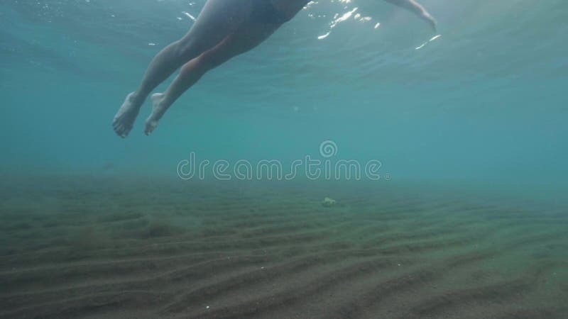 Corps féminin sous-marin de vue dans le maillot de bain en mer transparente Jeune femme dans la natation de bikini sur la mer ble banque de vidéos
