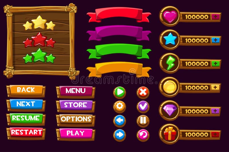 Corredo di ui del gioco di vettore Completi il menu del GUI dell'interfaccia grafica per sviluppare i 2D giochi Può essere utiliz royalty illustrazione gratis Corredo di ui del gioco di vettore Completi il menu del GUI dell'interfaccia grafica per sviluppare i 2D giochi Può essere utiliz royalty illustrazione gratis