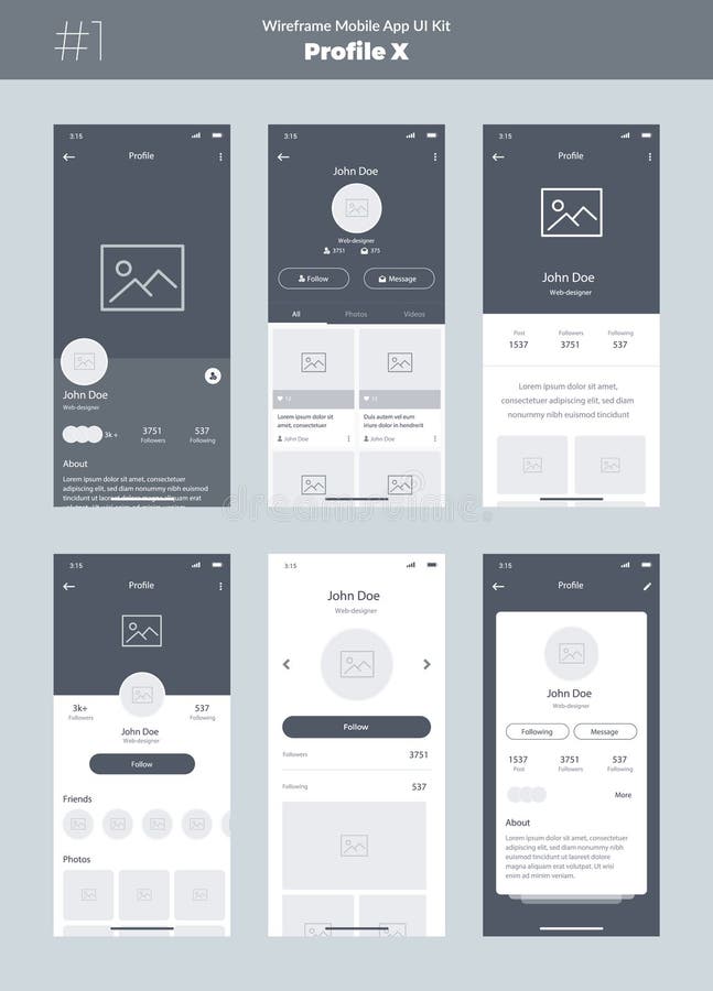 Corredo di Wireframe per il telefono cellulare Cellulare App UI, progettazione di UX Nuovi schermi di profilo illustrazione vettoriale Corredo di Wireframe per il telefono cellulare Cellulare App UI, progettazione di UX Nuovi schermi di profilo illustrazione vettoriale