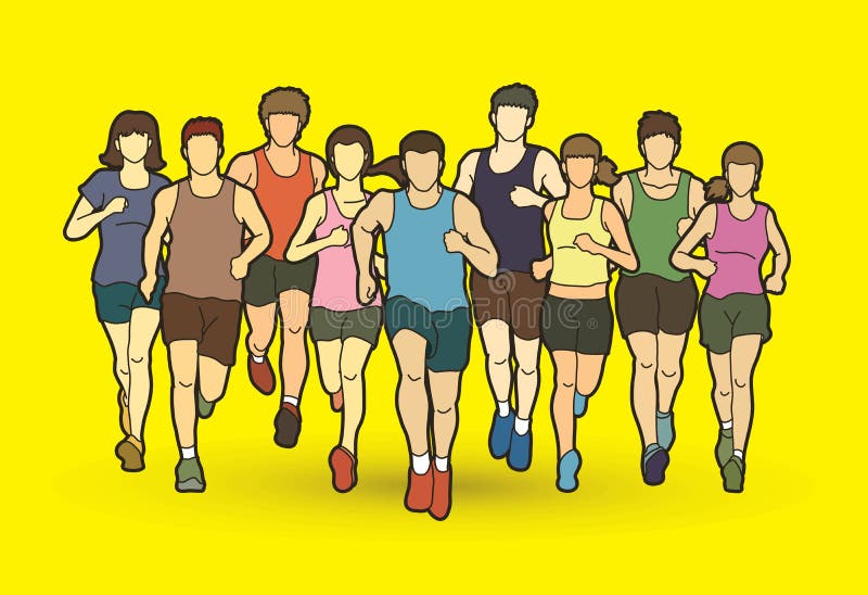 Corredores de maratona, corredor do grupo de pessoas, homens e mulheres correndo junto ilustração royalty free Corredores de maratona, corredor do grupo de pessoas, homens e mulheres correndo junto ilustração royalty free