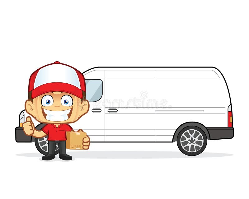 Clipart picture of a delivery man courier cartoon character in front van with cardboard boxes. Clipart picture of a delivery man courier cartoon character in front van with cardboard boxes