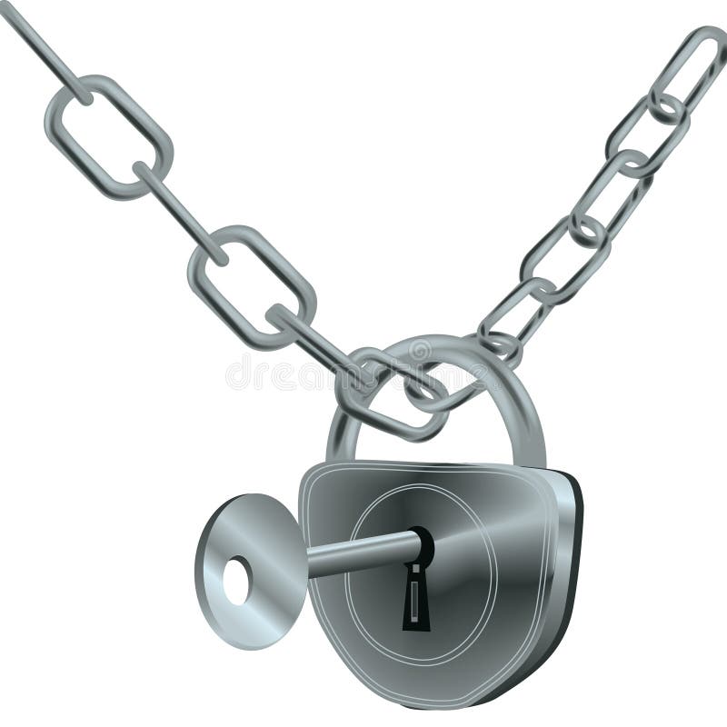Silver lock on chain with key. Silver lock on chain with key