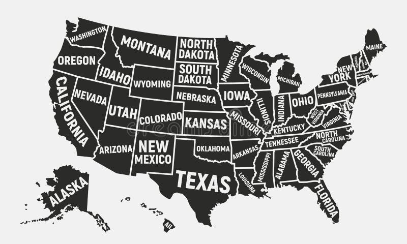 Correspondencia de los Estados Unidos de Am?rica Mapa del cartel de los E.E.U.U. con nombres del estado Fondo americano Ilustraci