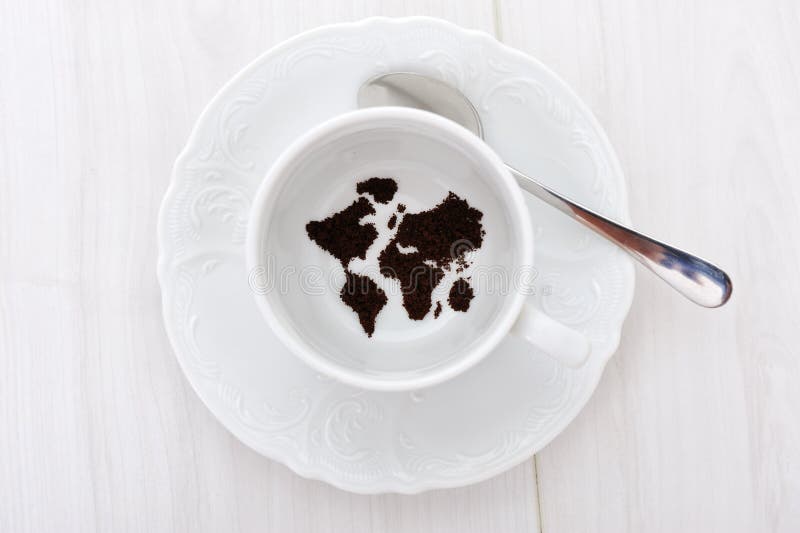 World map in coffee cup. World map in coffee cup