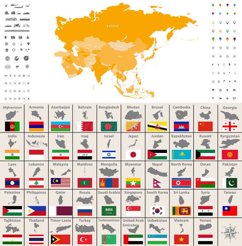 Correspondencia política de Asia Iconos de la ubicación, de la navegación y del viaje Sistema del vector de los mapas y de las ba libre illustration Correspondencia política de Asia Iconos de la ubicación, de la navegación y del viaje Sistema del vector de los mapas y de las ba libre illustration
