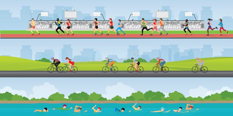 Triathlon marathon sport competition race, set of sportsmen people on bike, running and swimming, vector illustration. Triathlon marathon sport competition race, set of sportsmen people on bike, running and swimming, vector illustration