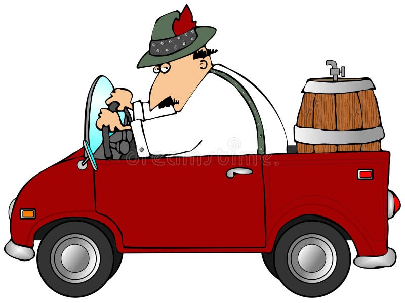 This illustration depicts a man in Bavarian attire driving a red truck with a beer keg in the back. This illustration depicts a man in Bavarian attire driving a red truck with a beer keg in the back.