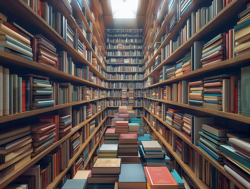 A perspective view of a long, high library aisle lined with numerous colorful books on wooden shelves. AI generated. A perspective view of a long, high library aisle lined with numerous colorful books on wooden shelves. AI generated