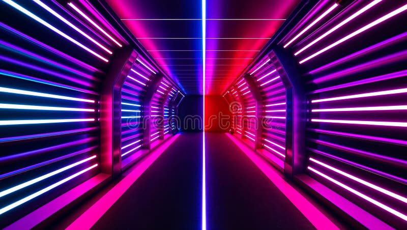 Corridoio lungo con luci neon sui muri royalty illustrazione gratis
