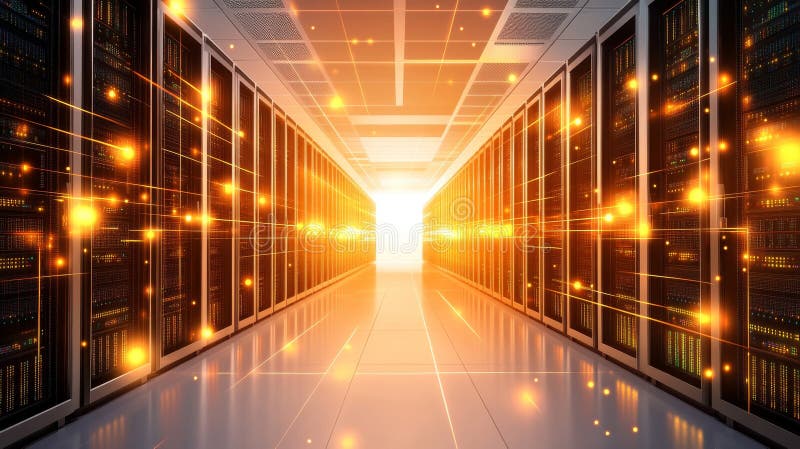 The corridor of the digital data center is lined with illuminated server racks stock photo