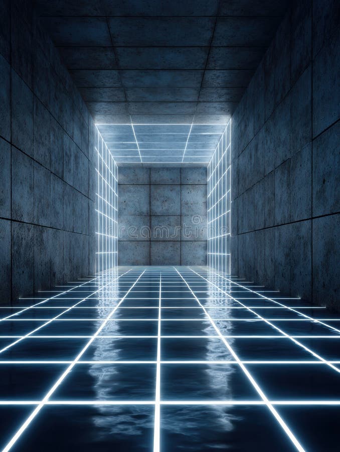 Futuristic Corridor With Glowing Grid Pattern and Reflective Floor in a Dark Architectural Space stock images