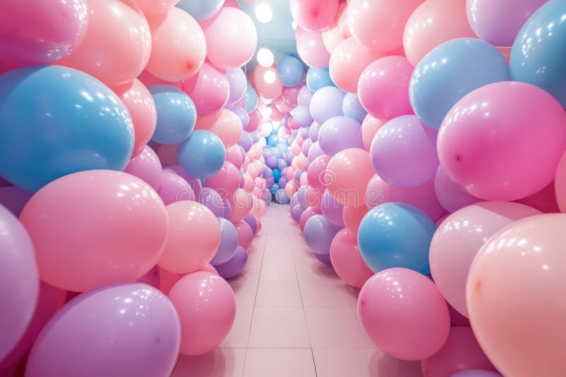 Corridor made of pastel-colored balloons, illuminated by bright lights, creating a festive and dreamy atmosphere royalty free illustration