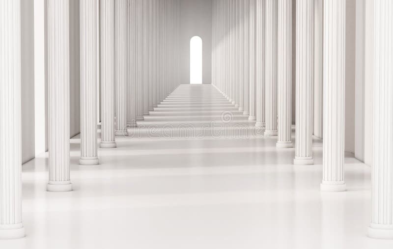 Corridor with roman pillars and bright light at the exit, 3d rendered royalty free illustration Corridor with roman pillars and bright light at the exit, 3d rendered royalty free illustration