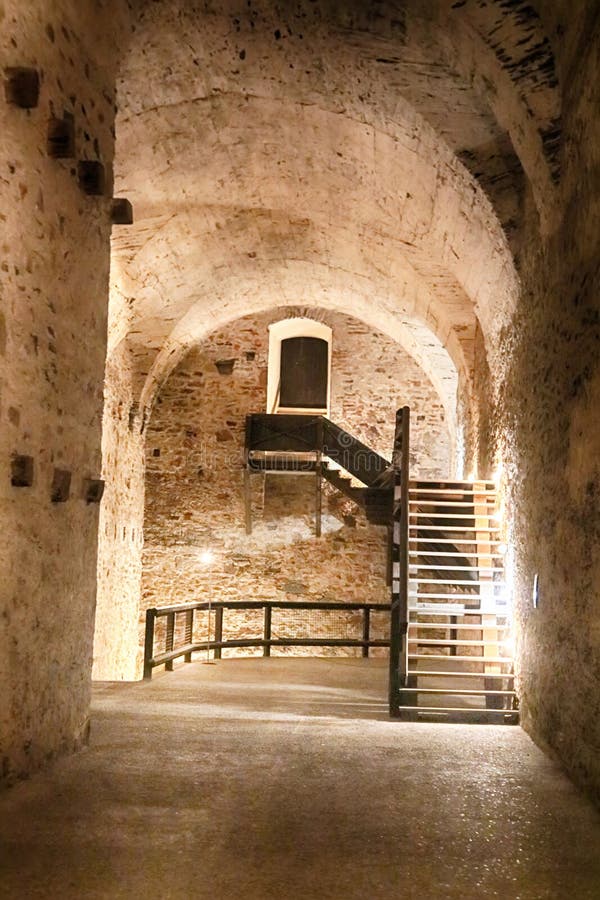 Corridor and stairs in the basement in the Red Stone castle, Pila, Slovakia