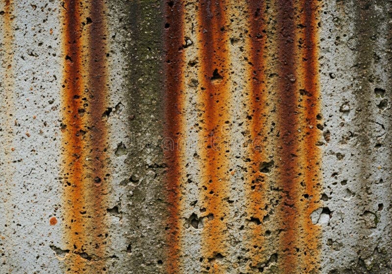Corroded concrete surface displaying vertical streaks of rust in shades of orange and brown. The surface is marked with small holes and rough texture, indicating weathering and deterioration. The combination of rust and concrete creates a striking contrast between the rigid material and organic corrosion patterns. This weathered appearance is typical of concrete structures exposed to moisture and metal elements over time. Rust shades illustrations