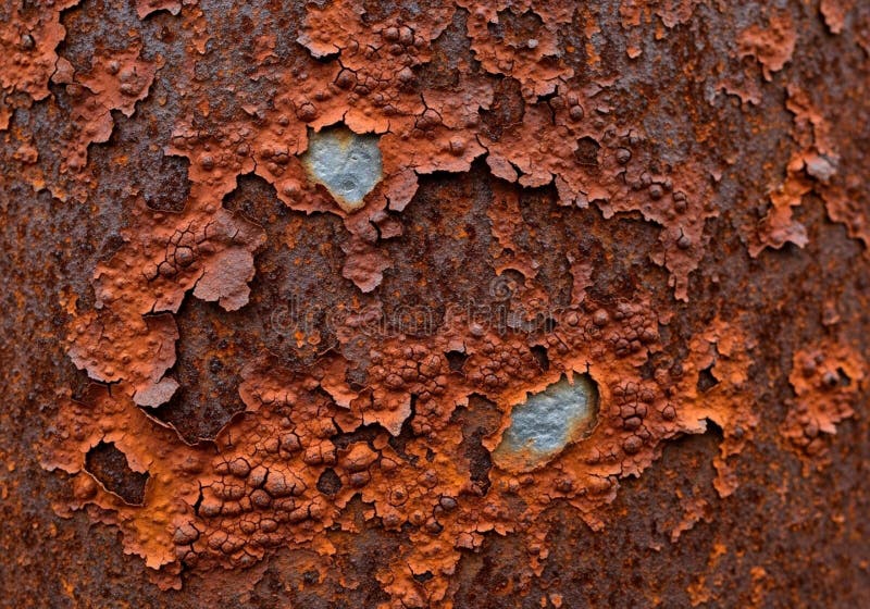 Corroded metal surface with extensive rust patterns in shades of orange and brown, showcasing flaking and peeling textures. The oxidized areas reveal underlying steel, partially exposed as bluish-gray spots. The uneven and cracked rust gives a rough, textured appearance, indicating significant weathering and degradation. The image highlights the effects of oxidation over time on metal surfaces. Rust shades illustrations