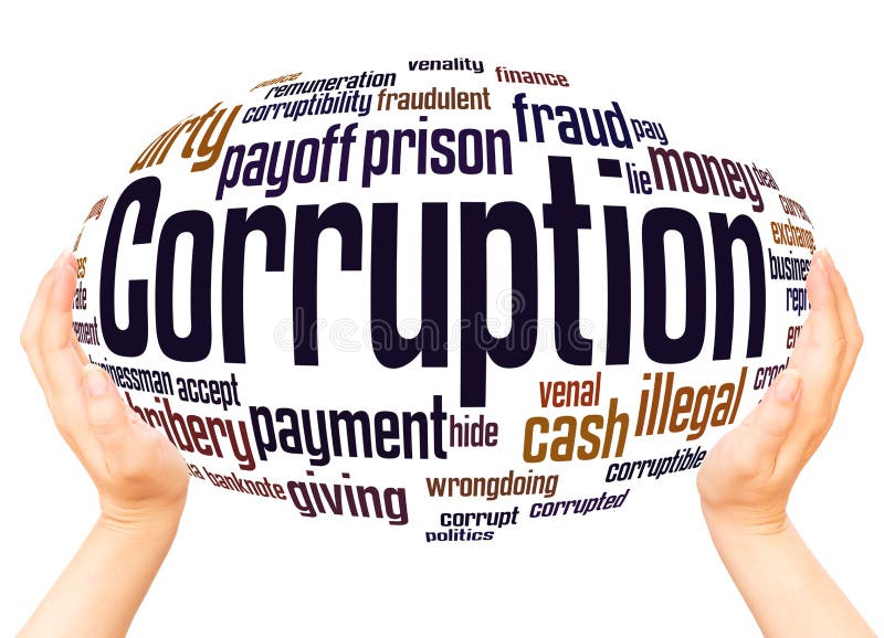 Corruption word cloud hand sphere concept