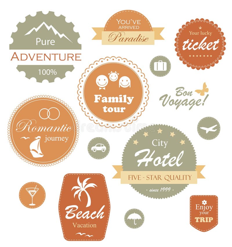 Vector collection of travel and vacation labels, buttons and icons in retro style. Vector collection of travel and vacation labels, buttons and icons in retro style