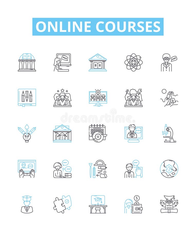 Corsi in linea - Imposta icone linea vettore. corsi di formazione di elearning webinar tutorial sull'istruzione a distanza moocs l. corsi di formazione elearning webinar corsi di formazione a distanza moocs illustrazione illustrazione illustrazione dei concetti di simboli e simboli.