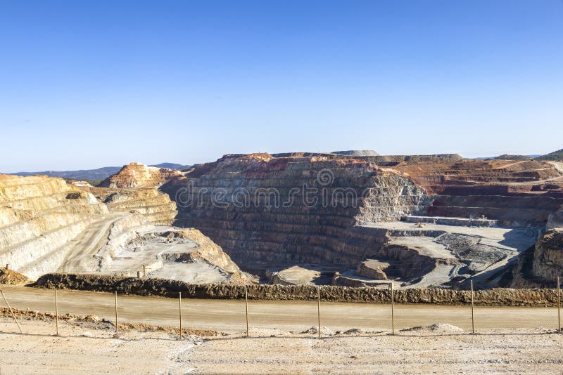 Corta atalaya cu niveluri miniere în fosa minieră deschisă. excavarea în profunzime a piritului și extracția mineralelor de cupru stock images