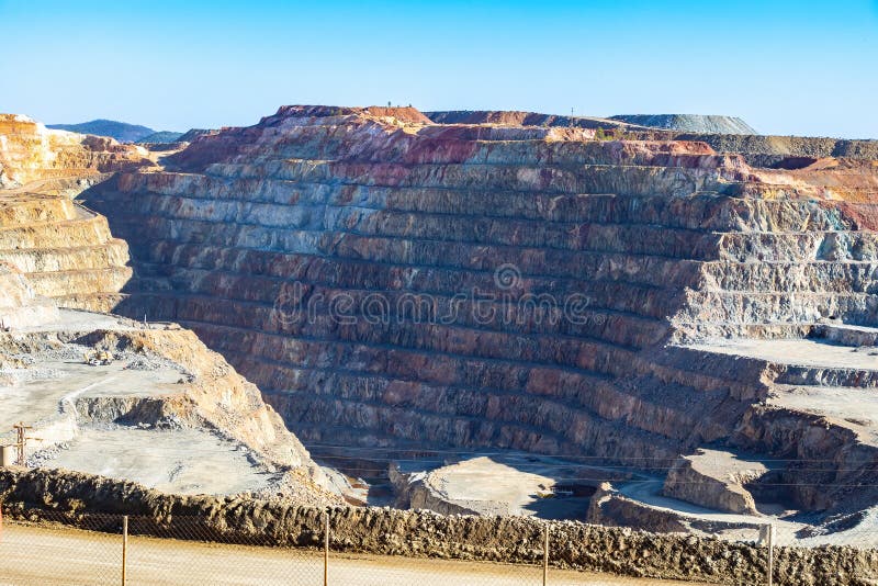 Corta atalaya cu niveluri miniere în fosa minieră deschisă. excavarea în profunzime a piritului și extracția mineralelor de cupru royalty free stock images