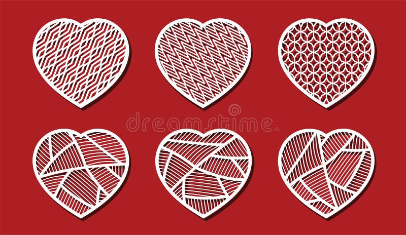 Corte de coração em fundo vermelho para corte a laser. conjunto de corações ornamentais brancos. padrão geométrico em forma cardía