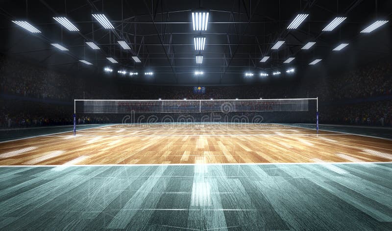 Corte de voleibol profissional vazia nas luzes