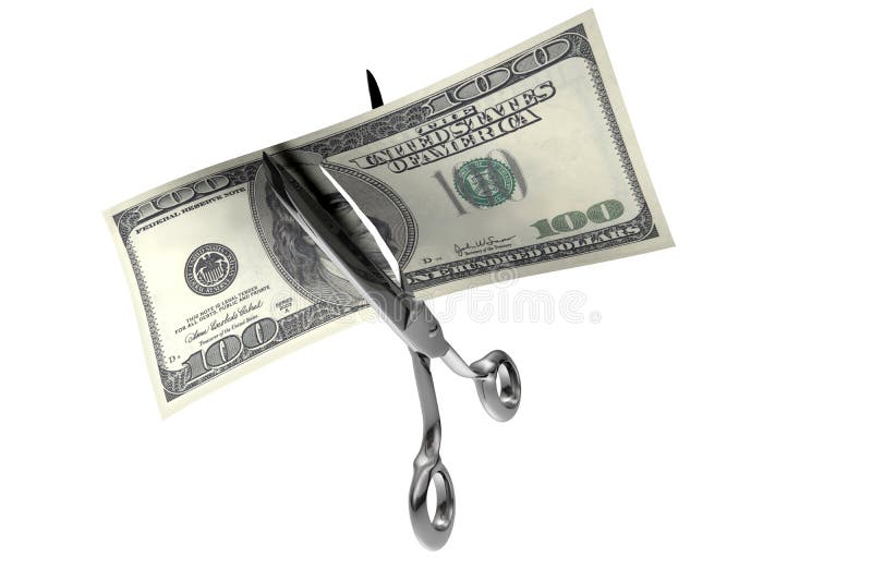 3d illustration of scissors cutting a 100 dollars banknote. 3d illustration of scissors cutting a 100 dollars banknote