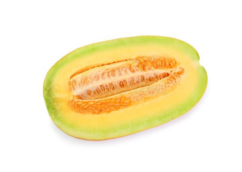 Corte del melón del cantalupo por la mitad que parece sano y delicioso, aislado en el fondo blanco foto de archivo libre de regalías Corte del melón del cantalupo por la mitad que parece sano y delicioso, aislado en el fondo blanco foto de archivo libre de regalías