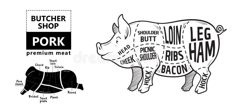 Corte del sistema de la carne Diagrama del carnicero del cartel, esquema y guía - cerdo A mano tipográfico del vintage en una piz ilustración del vector Corte del sistema de la carne Diagrama del carnicero del cartel, esquema y guía - cerdo A mano tipográfico del vintage en una piz ilustración del vector
